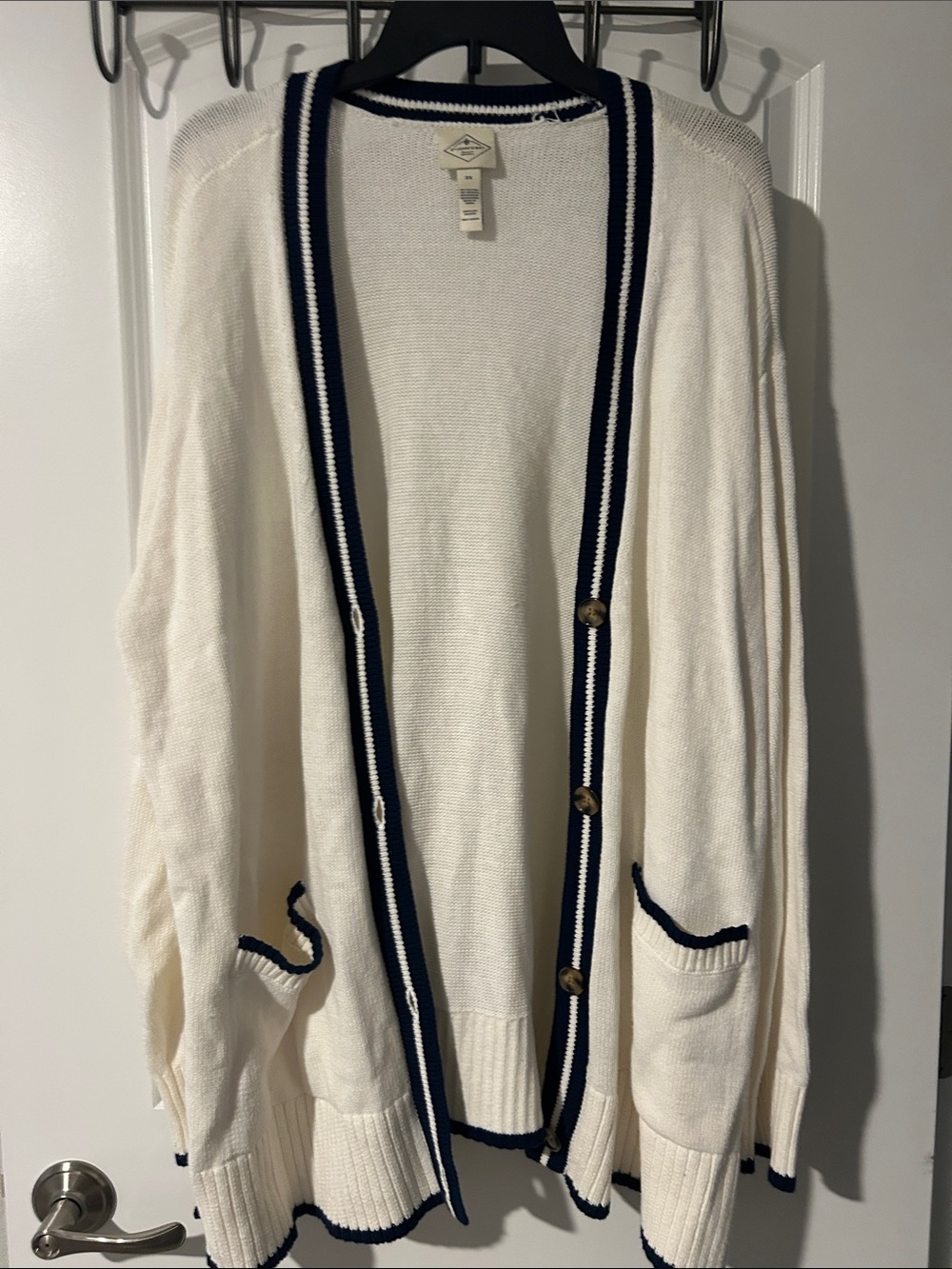 St. John's Bay Cream Cardigan with Navy Trim